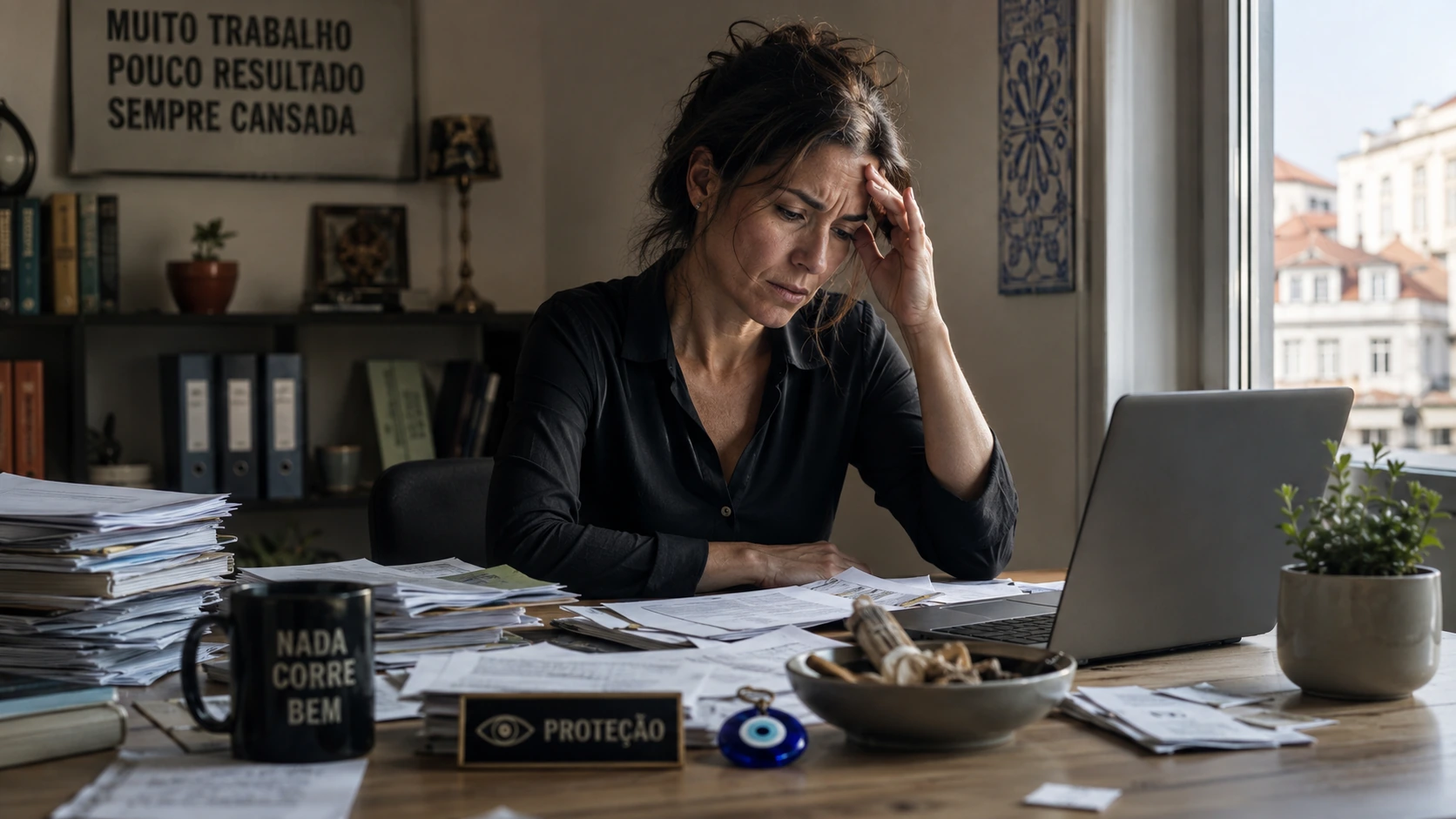 Mulher adulta procura tranquilidade perante um ambiente pesado